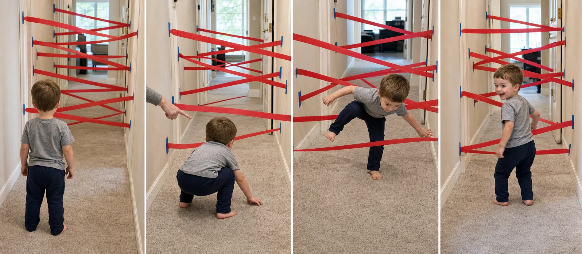 A multi-panel sequence shows a child entering a taped hallway maze, ducking under strands, stepping over a crossing, and reaching the far end.