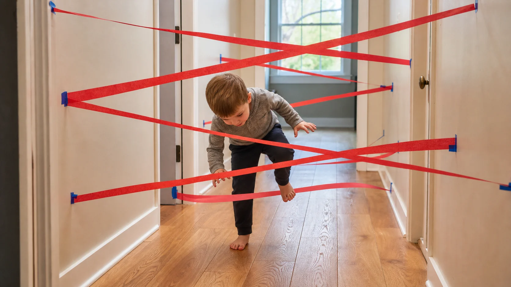 A young child ducks under taped streamers in a hallway while moving through a homemade laser maze.