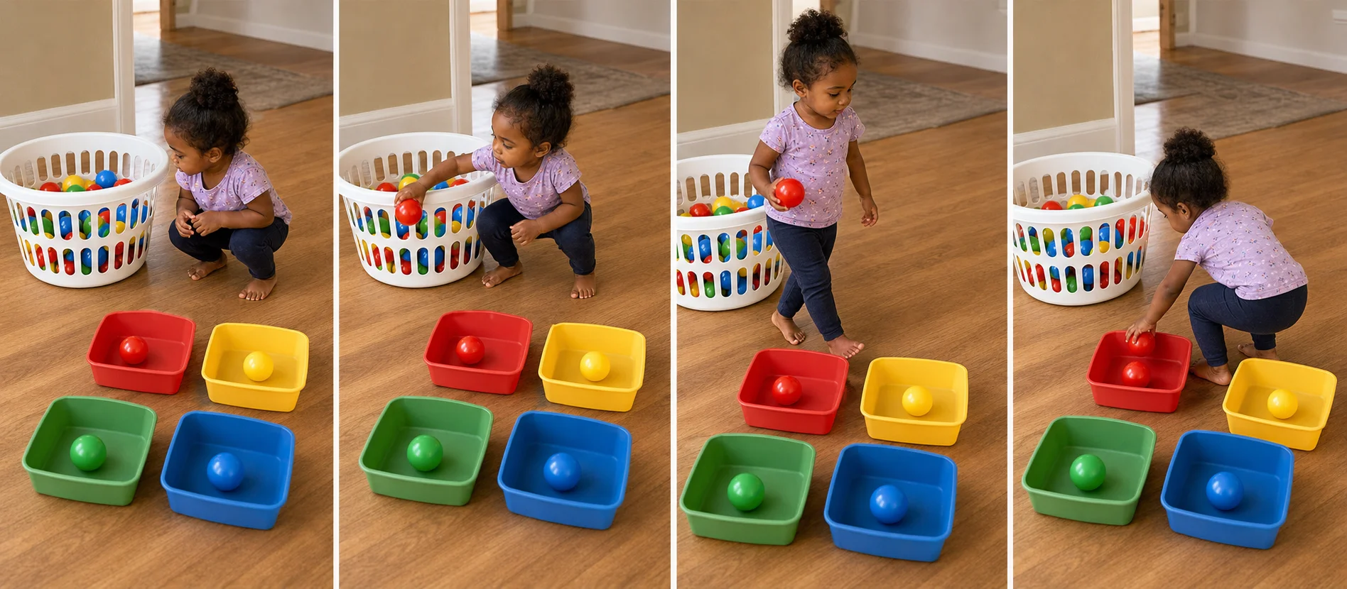 Multi-panel sequence of a toddler choosing a ball, matching it to a colored container, dropping it in, and returning to the hamper.