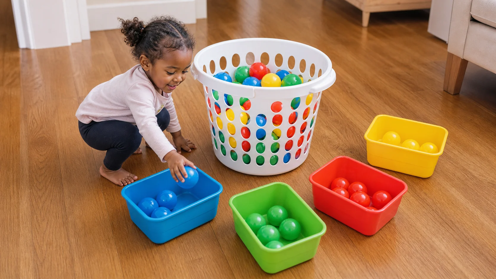 Toddler placing a colored ball into a matching bin beside a laundry hamper.