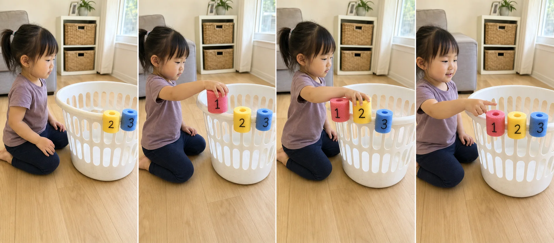 A sequence showing mixed numbered noodle clips, a child moving the next number, and a finished hamper number line.