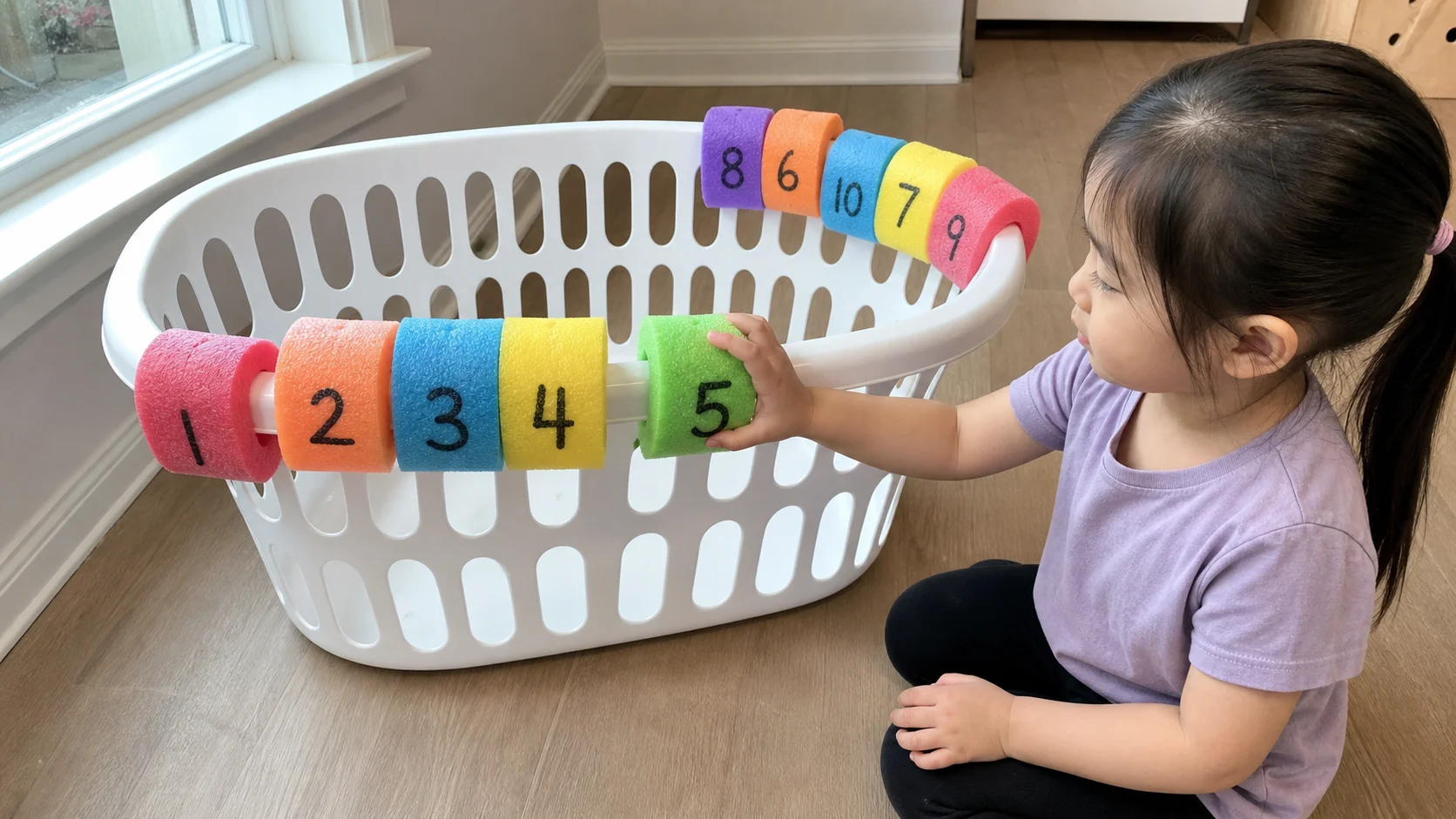 A child clipping numbered pool noodle pieces onto the rim of a laundry hamper.