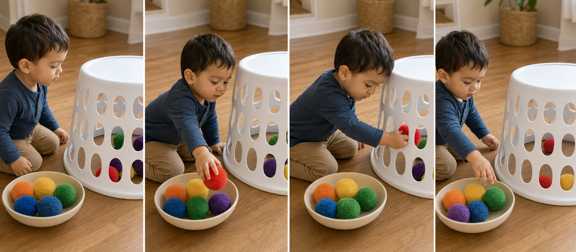 A sequence showing a grown-up demo push, a child pushing pom-poms through hamper holes, and a reset with pom-poms tipped back out.