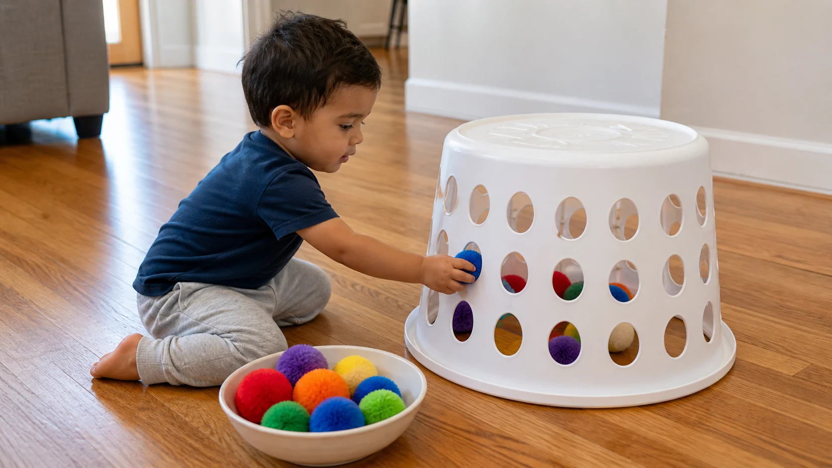 A toddler pushing a large pom-pom through the side hole of an upside-down laundry hamper.
