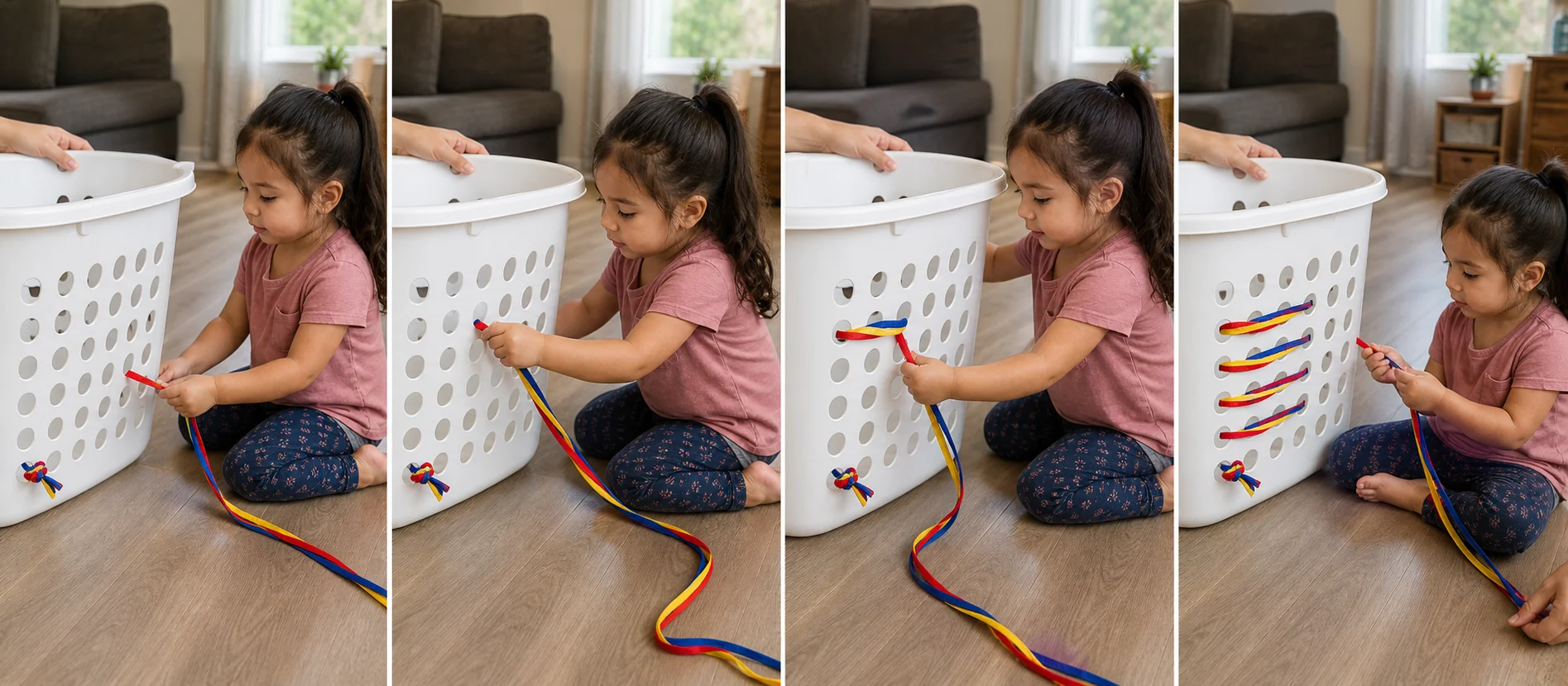 A multi-panel sequence showing a ribbon tied to a hamper, a toddler pushing it through a hole, pulling it out, and choosing the next hole.