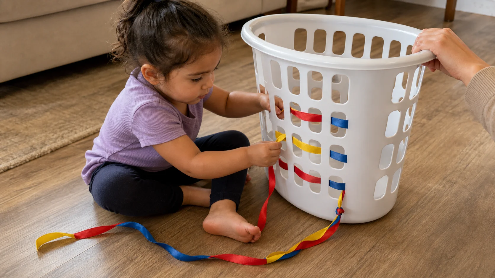 A toddler sitting beside a laundry hamper threads a colorful ribbon through side holes while a grown-up steadies the basket.