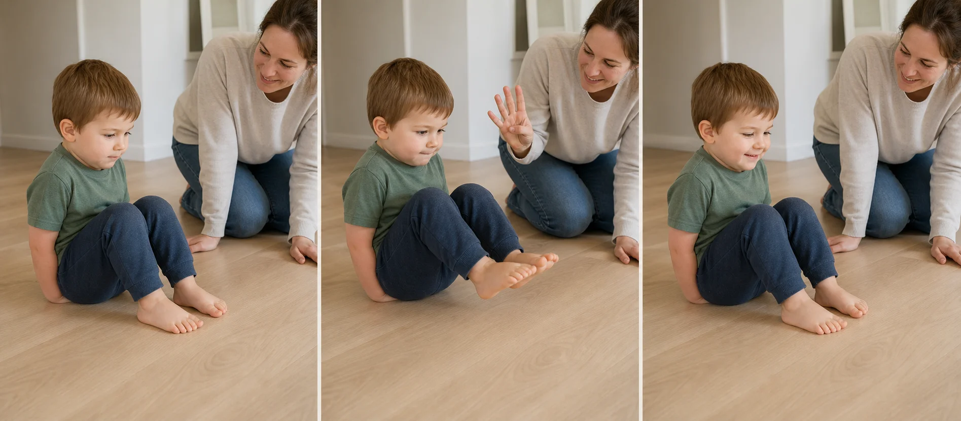 A three-panel sequence showing the child tuck hands, lift both feet, then lower and relax.