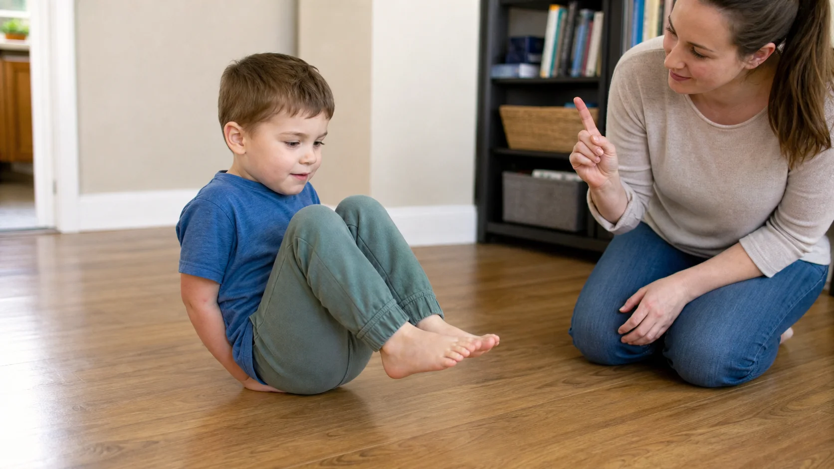 A child seated on a clear floor spot with hands tucked under their body while a grown-up counts nearby.