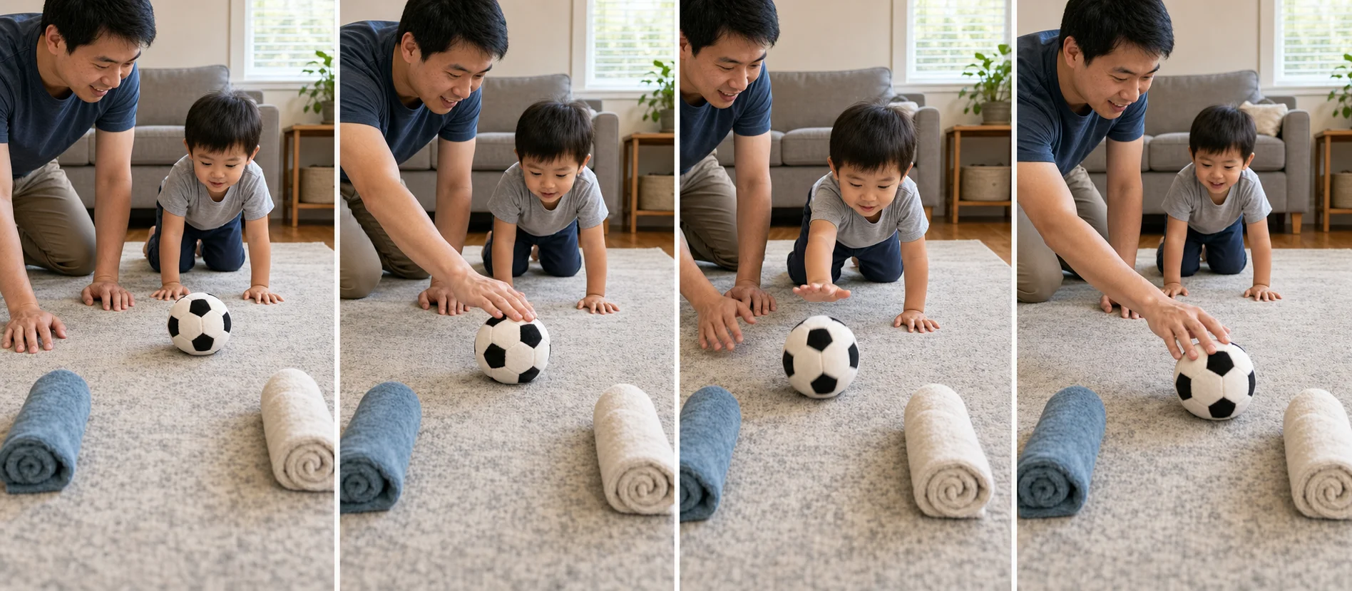 Sequence showing a grown-up model a palm tap, child crawling after the soft ball, ball rolling through two soft goal markers, and reset for another turn