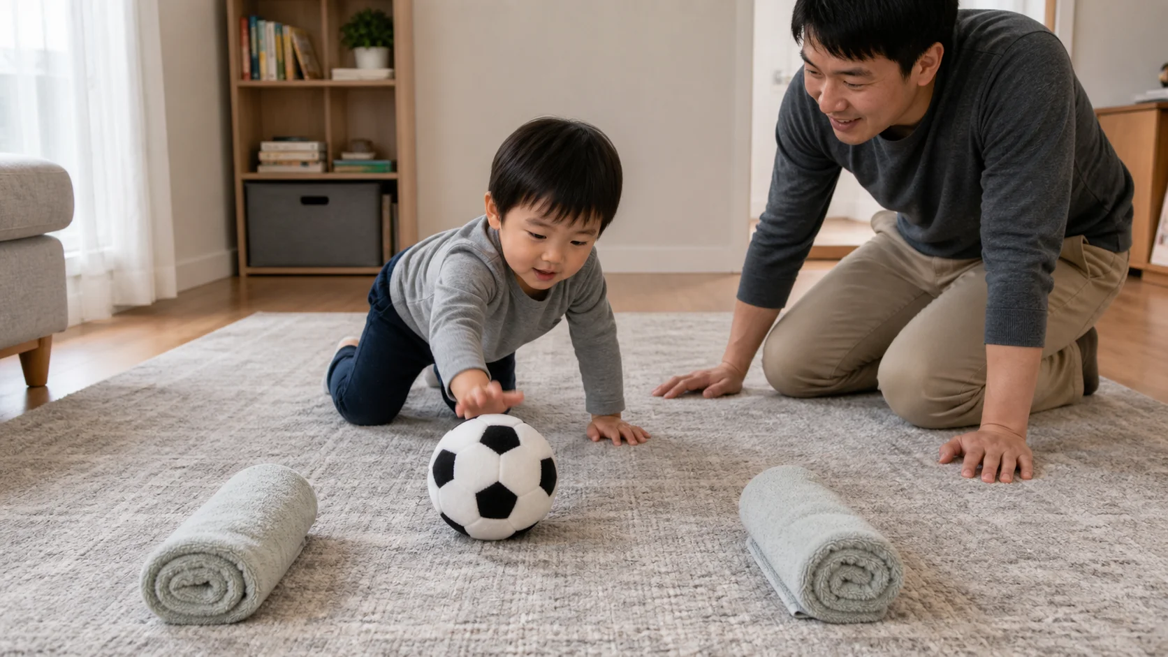 Child on hands and knees palm-tapping a soft ball toward two pillow goal markers while a grown-up stays close