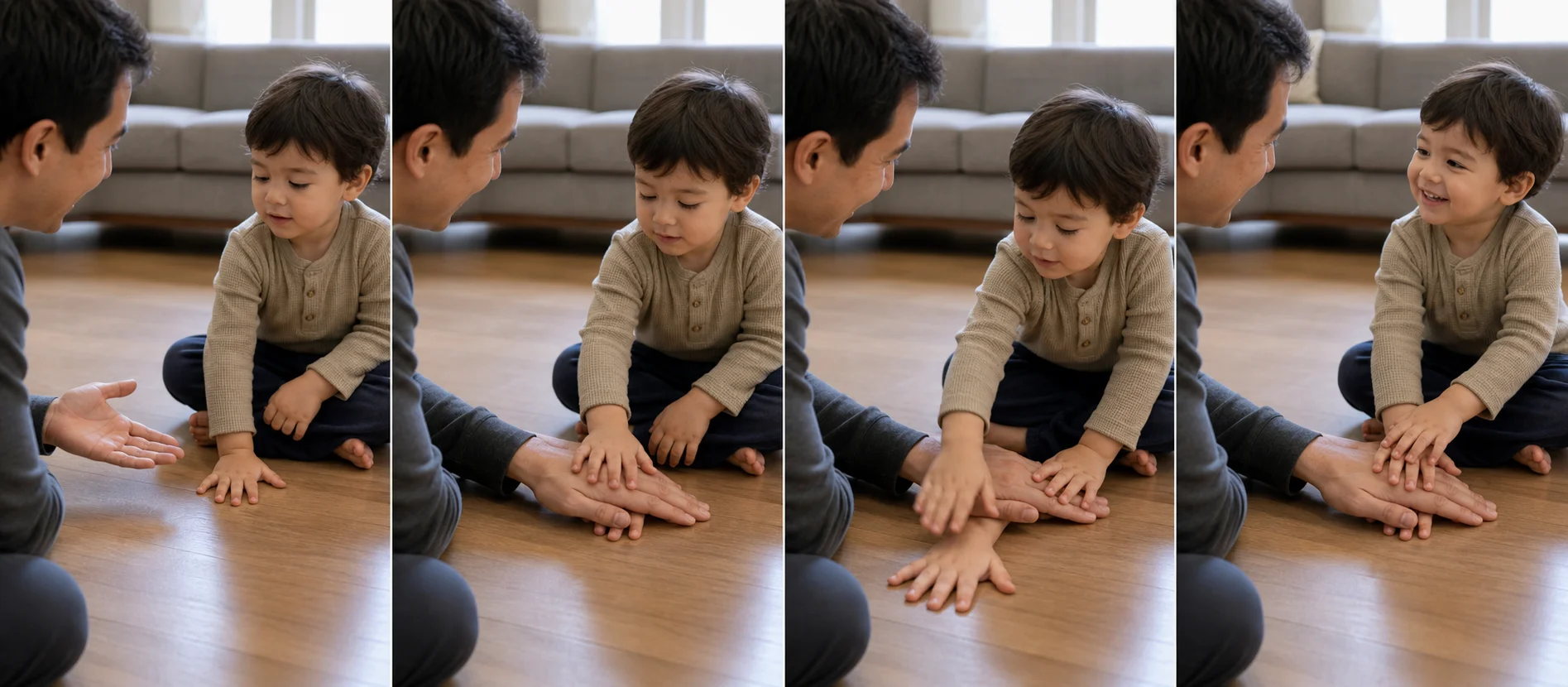 A multi-panel sequence shows a grown-up and child sitting together, building a short hand stack, sliding the bottom hand out, and rebuilding the tower for another turn.