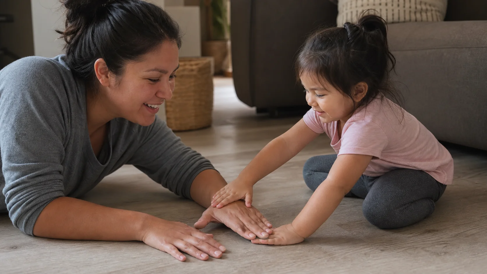 A grown-up and toddler sit facing each other and stack their hands on the floor before the child slides the bottom hand out.