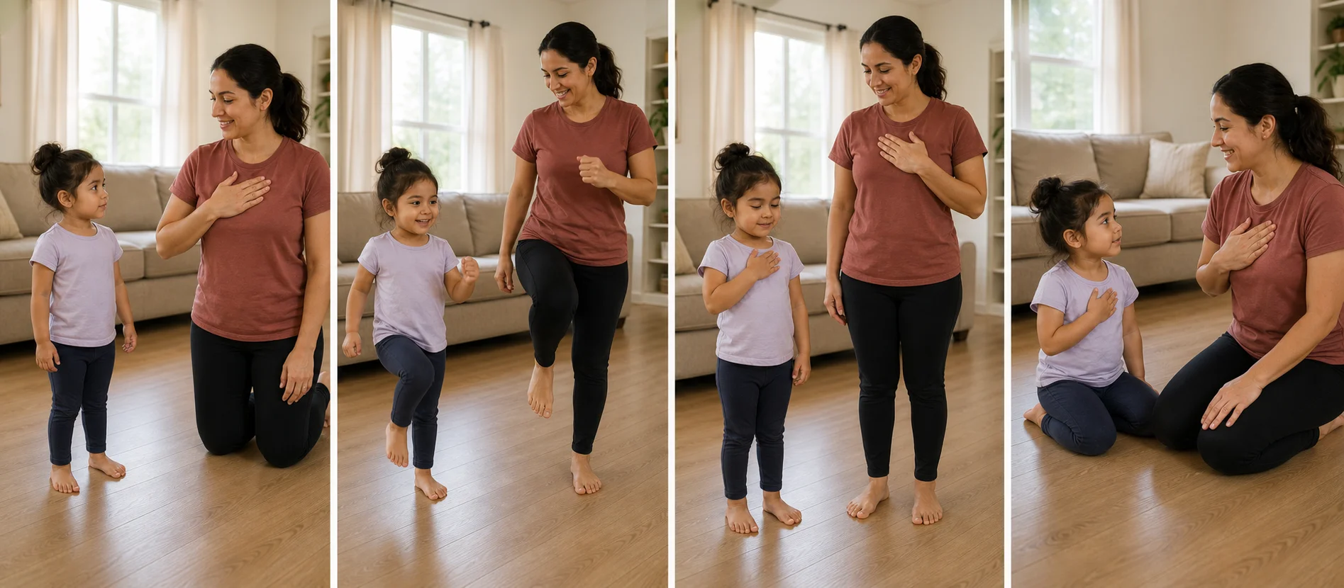Sequence showing a grown-up model marching, child freezing after movement, hand-on-chest heartbeat check, and quiet rest before another round