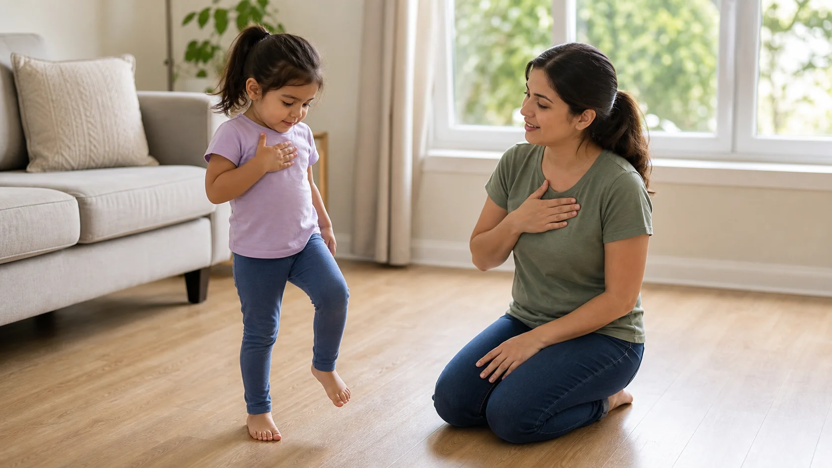 Child standing on a clear indoor floor with one hand on chest while a grown-up models a gentle heartbeat check nearby