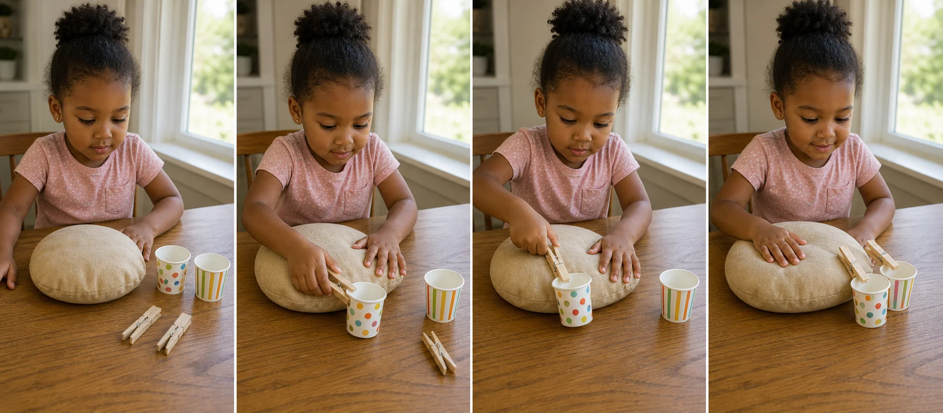 A sequence showing a grown-up demo clip, a child pressing the bean bag and clipping cups, and the cups being unclipped for another round.