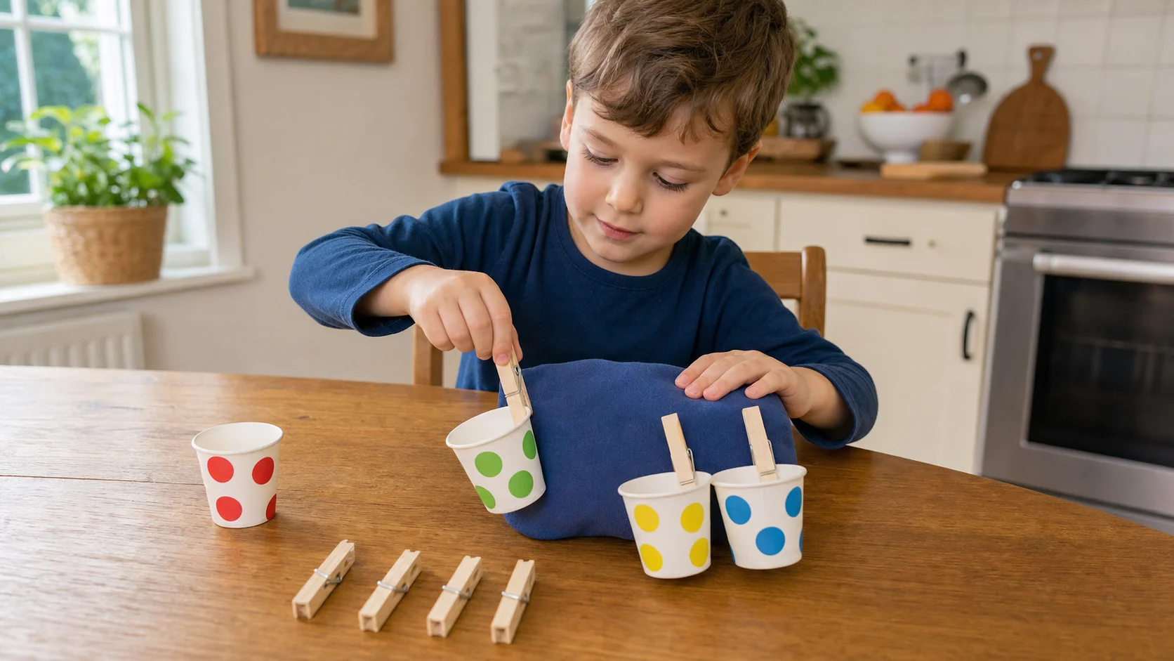 A preschool child pressing a heavy bean bag while clipping a decorated paper cup to the side with a clothespin.