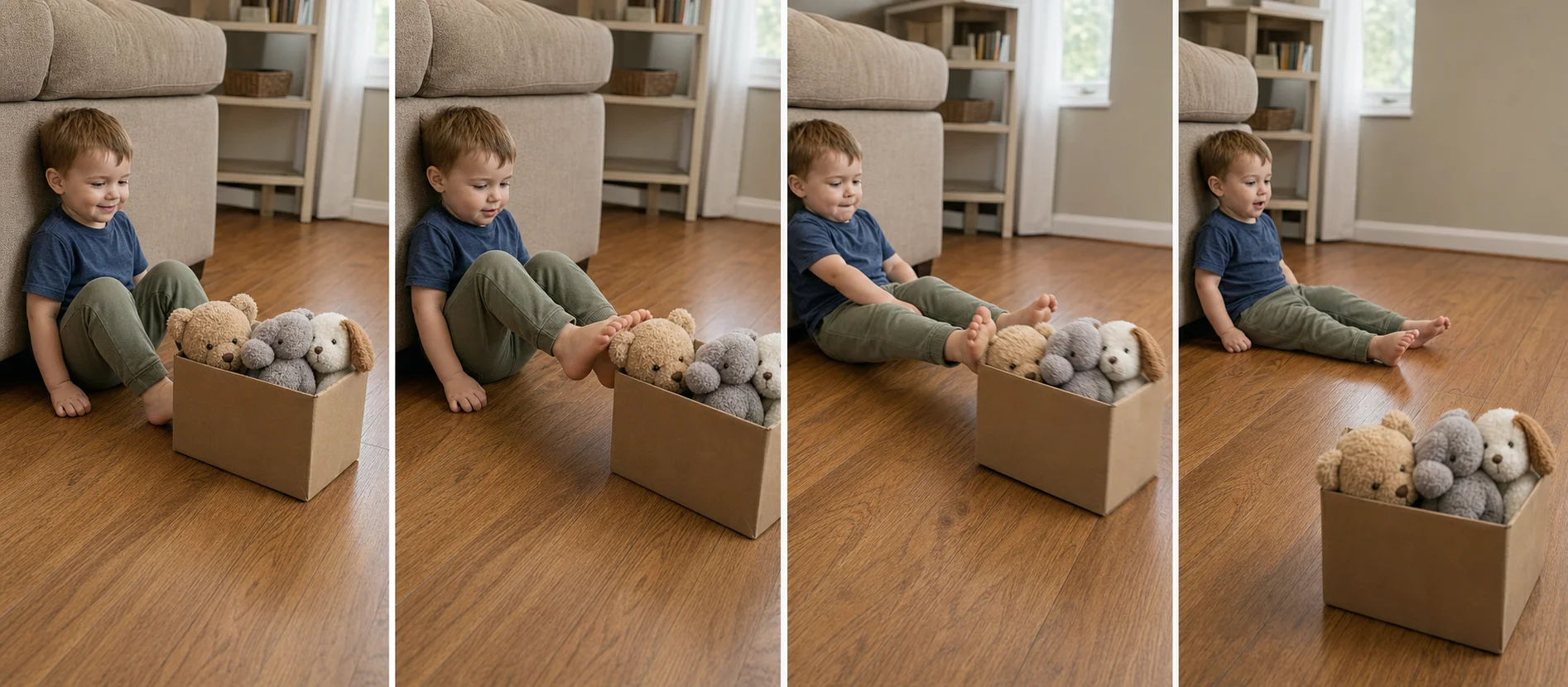 Panels show a grown-up loading a box, the child placing both feet on it, pushing the cargo forward, and resetting for another turn.