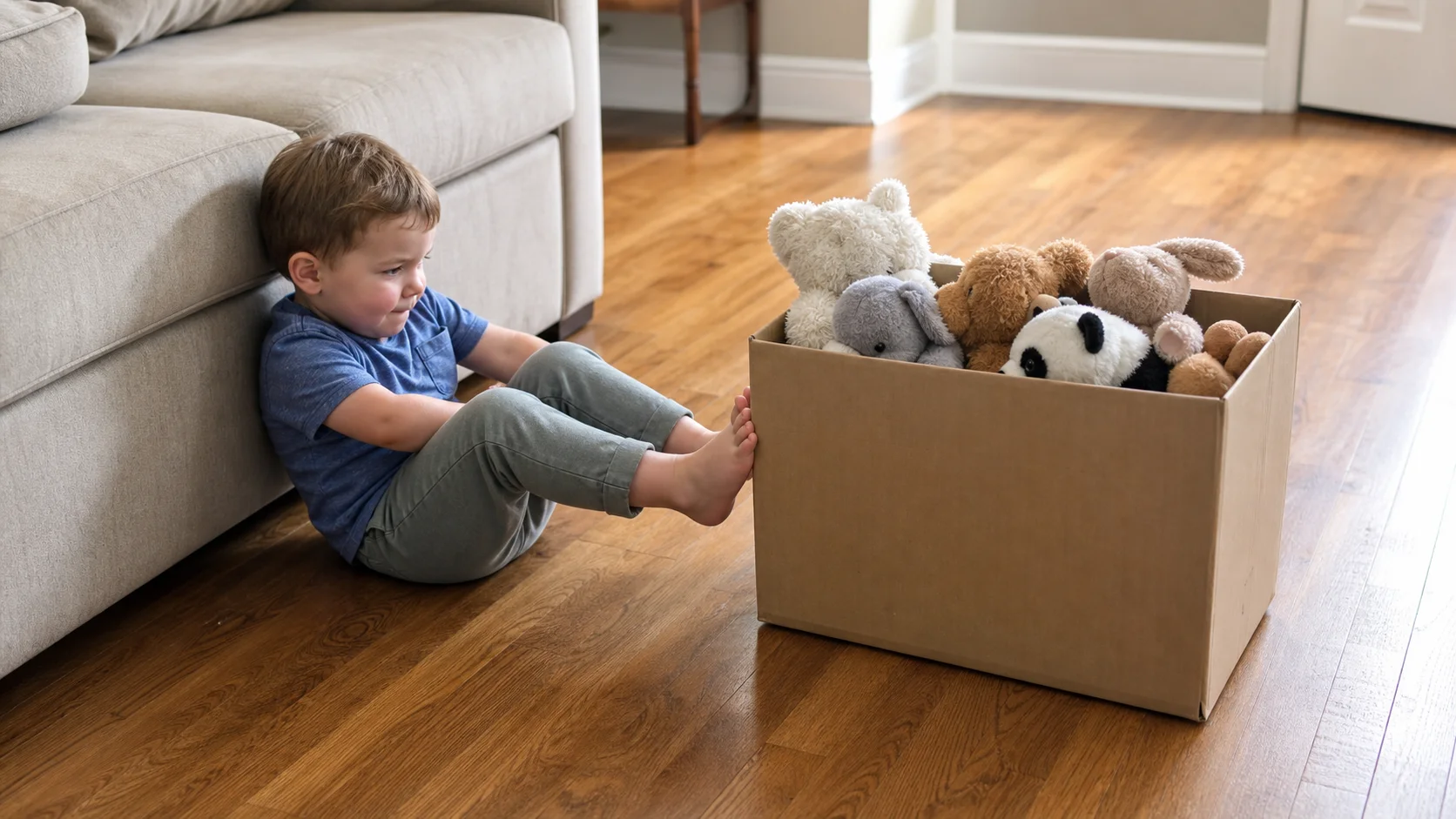 A toddler sits against a couch and pushes a stuffed-animal-filled cardboard box across a smooth floor with both feet.