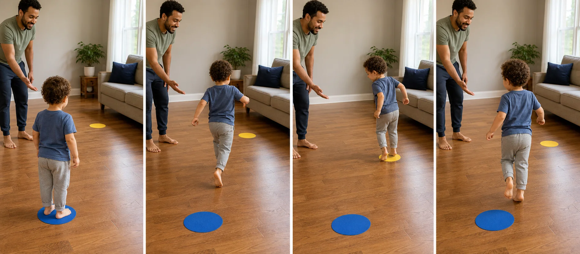 Four panels show a toddler stomping to a far marker, turning around, coming back with quieter lighter feet, and resetting for the next round.
