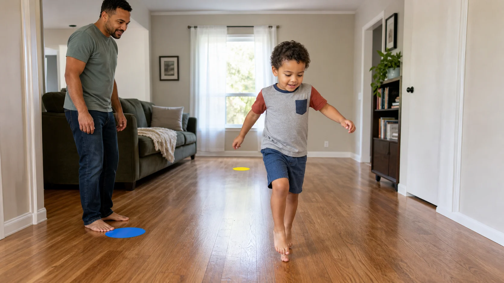 A toddler stomps down a short indoor lane toward a floor marker while a grown-up waits nearby for the turn back.