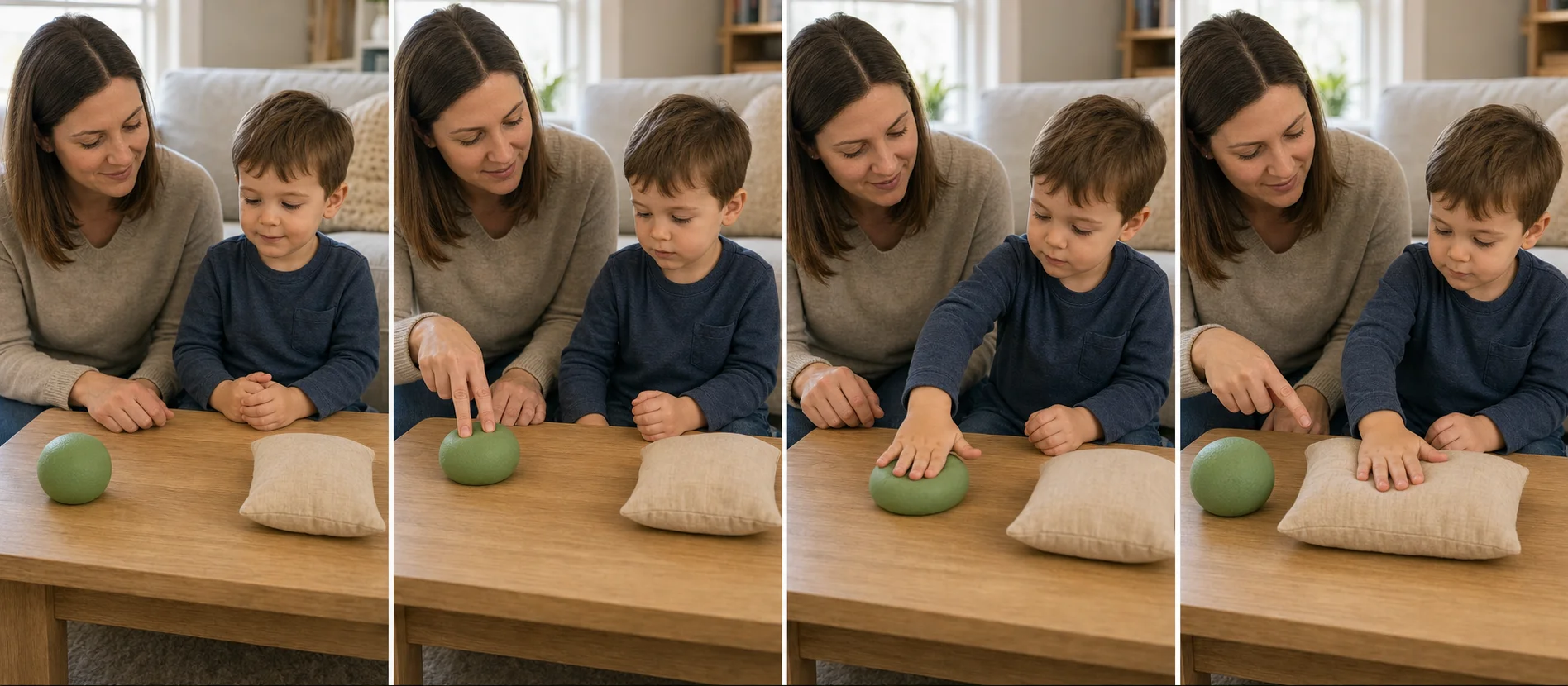 Sequence showing a light press, a firm press, a toy change, and a calm reset with soft toys.
