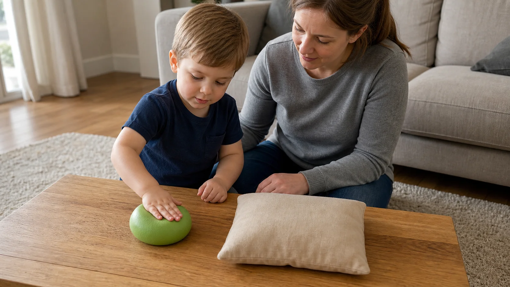 Toddler pressing a soft ball and pillow on a low table while a grown-up models light and firm hands.