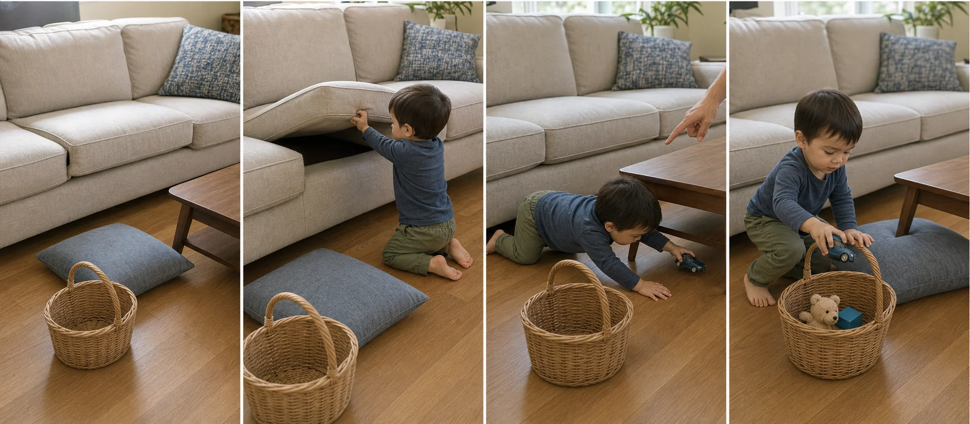 A multi-panel sequence showing a child searching one room, crawling under or lifting a safe obstacle to find an item, and carrying it back to a basket.