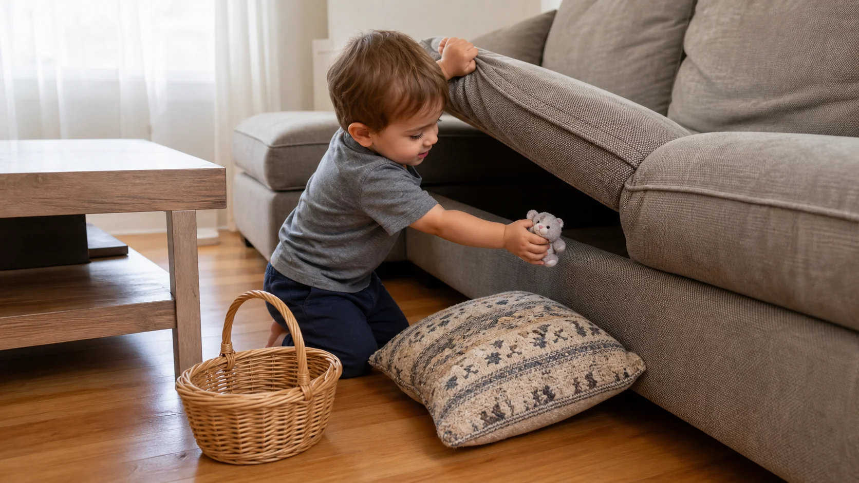 A young child lifts a sofa cushion to find a hidden toy, then carries it back to a basket in a living room.