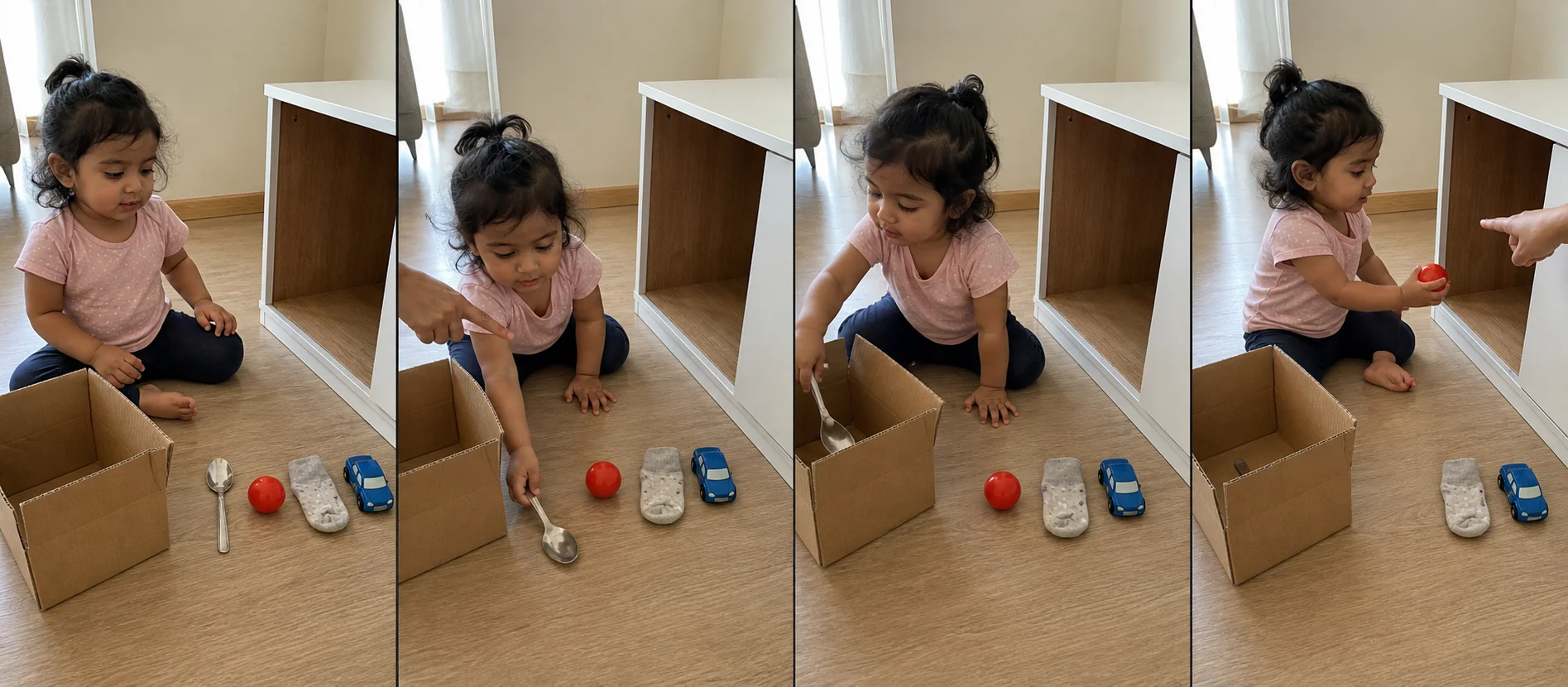 A four-panel sequence shows a row of everyday objects, a grown-up giving a hide-and-place cue, a toddler moving the named object to the box or cupboard, and the next turn starting.