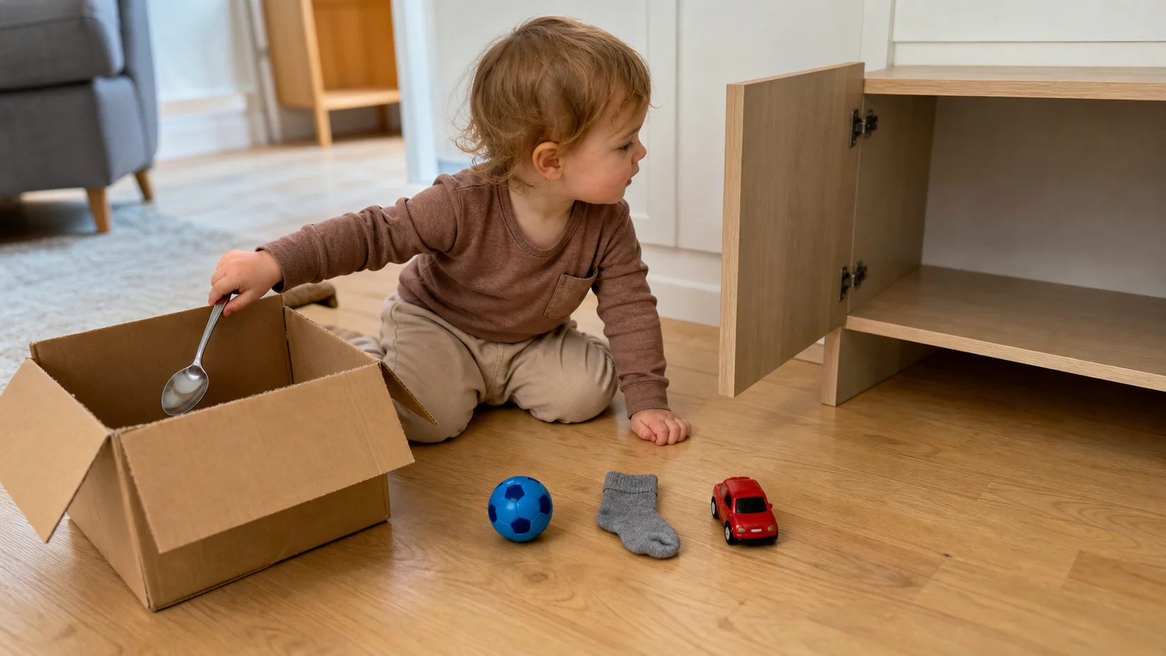 A toddler carries a spoon toward an open box while a grown-up points to another everyday object beside a low cupboard in a simple indoor play space.