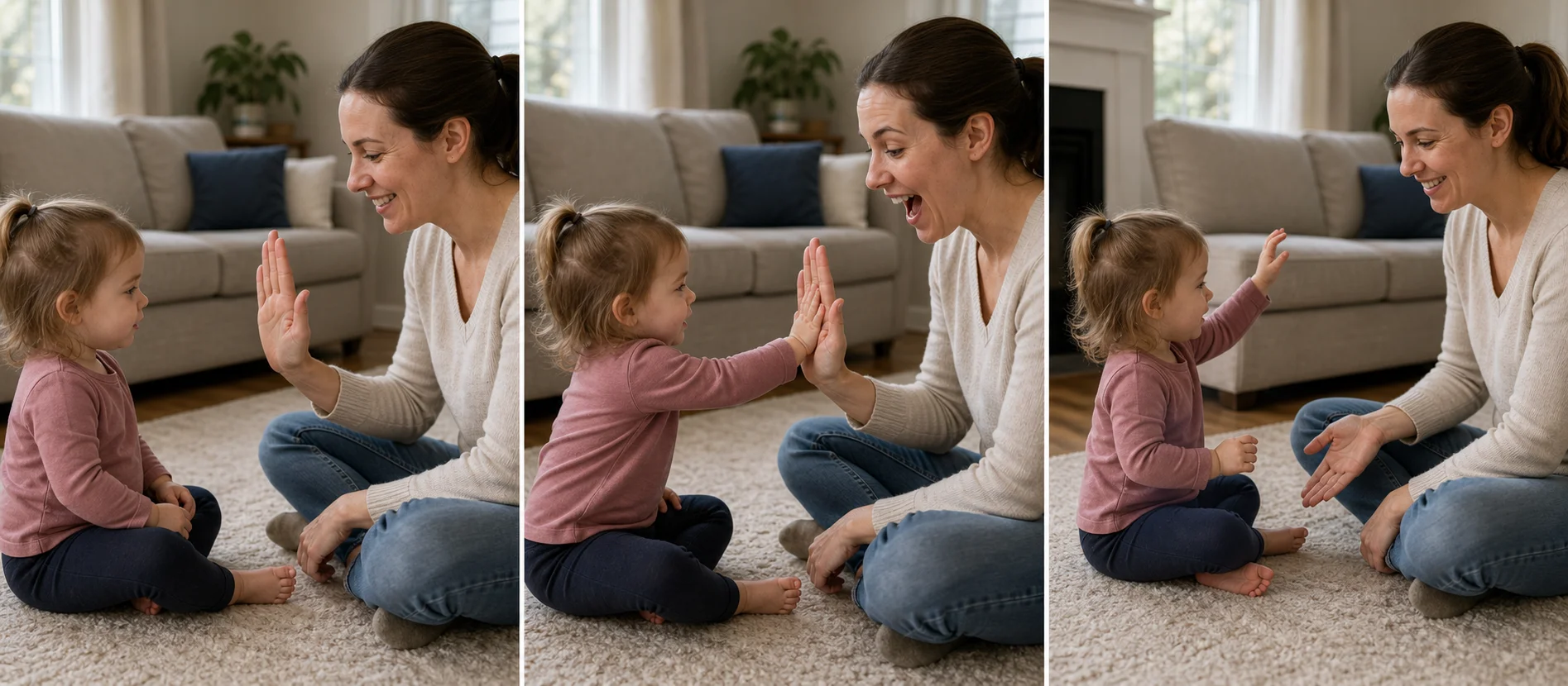 Three panels showing an adult offering a palm, a toddler tapping once, and both pausing before another turn.
