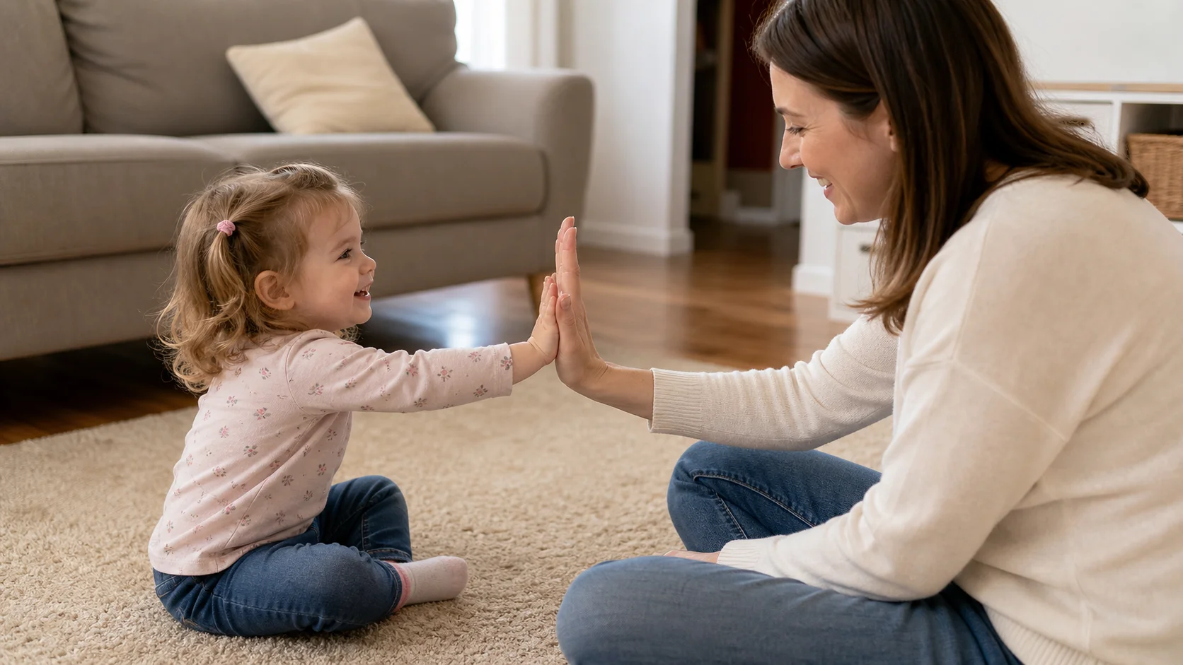 A toddler giving a gentle high five to an adult's open palm during a seated play moment.