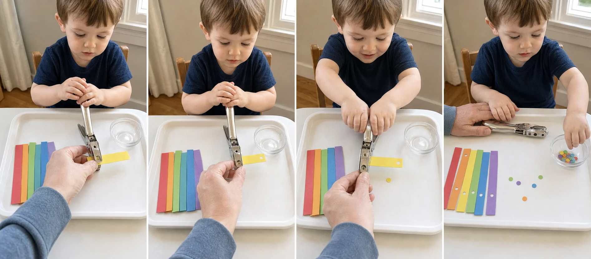 Sequence showing a grown-up lining up scrap paper, child squeezing the hole punch, paper dots falling, and dots being swept into a bowl
