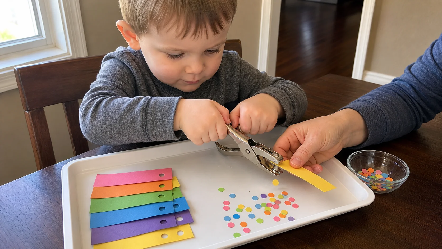 Child pressing a handheld hole punch over a tray while a grown-up keeps fingers safely on the handle