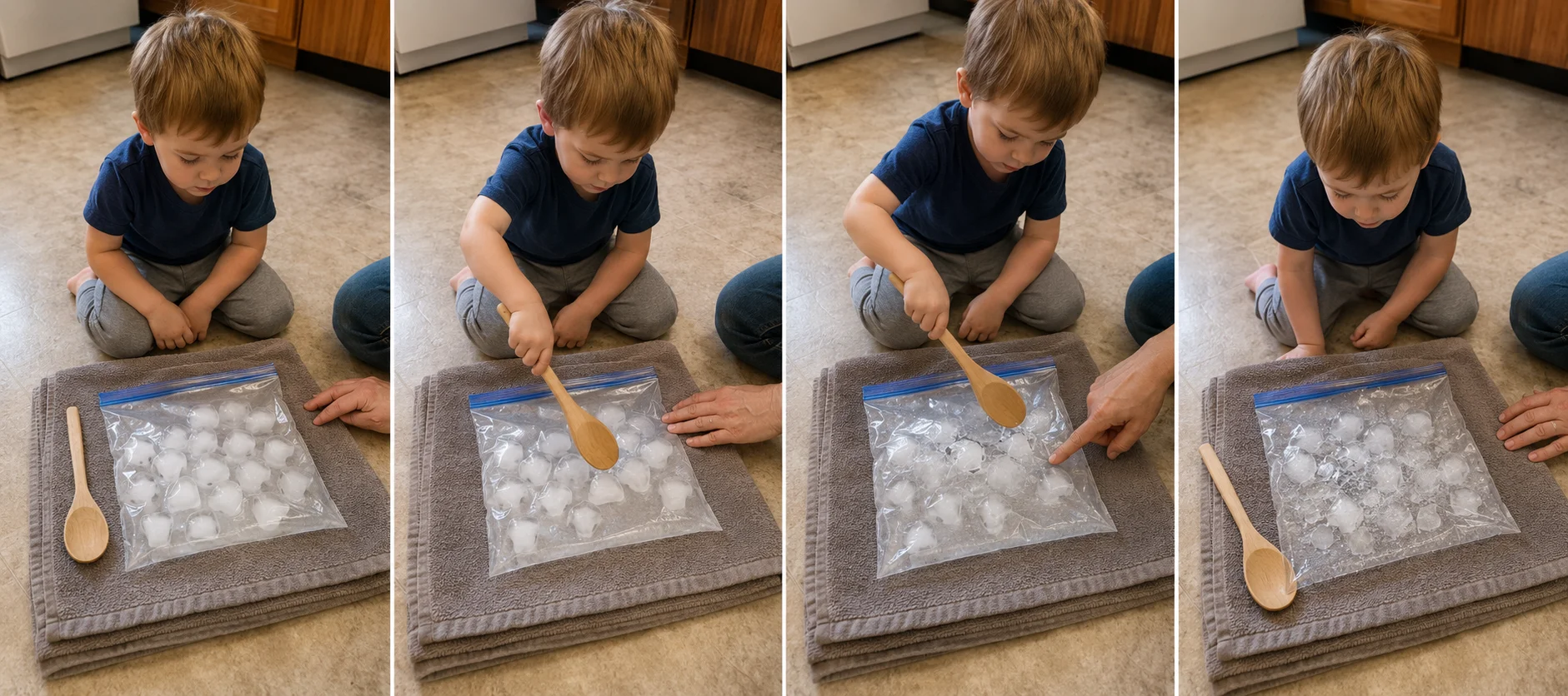Four panels showing ice cubes sealed in a plastic bag, the bag placed on a towel, a child tapping it with a wooden spoon, and the crushed ice inside after the round.