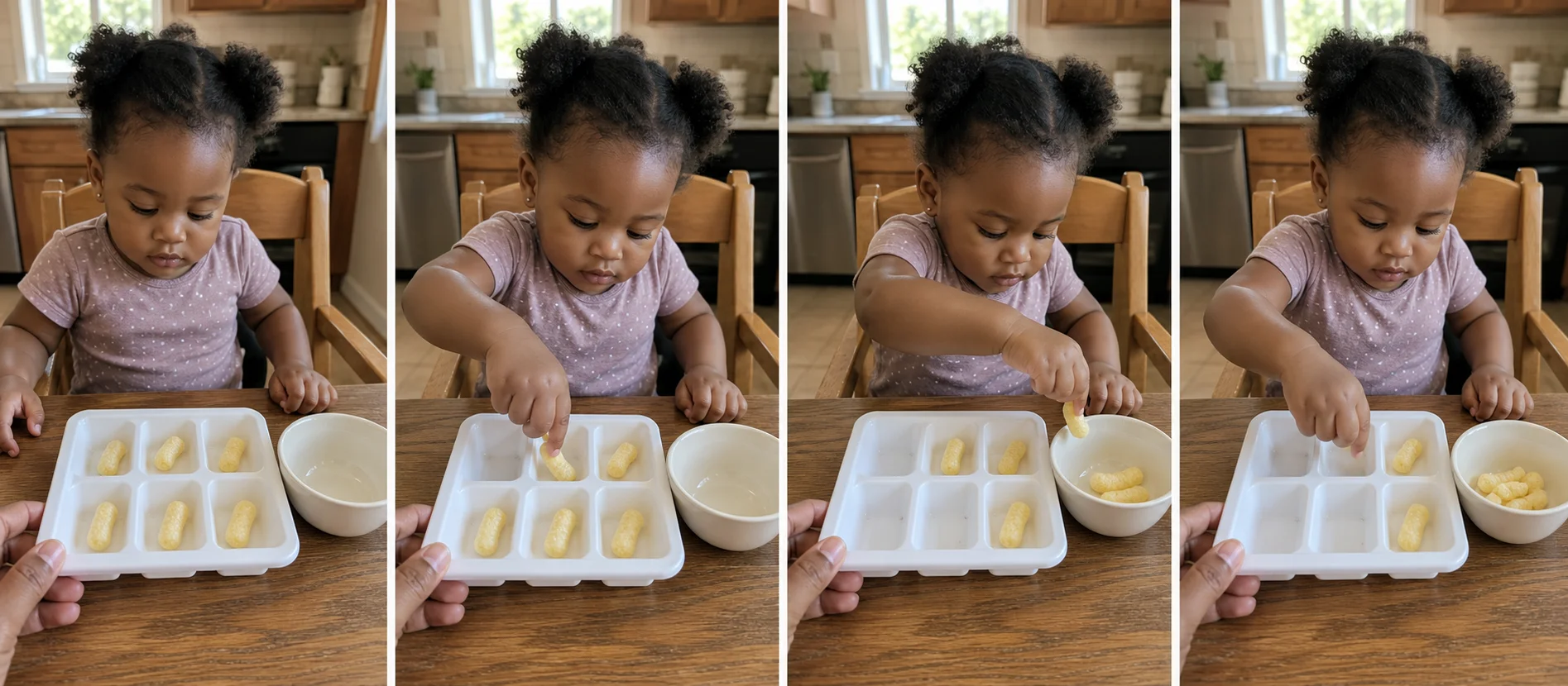 Sequence showing snack pieces in tray cups, a toddler pinching one out, dropping it in a bowl, and choosing the next cup.
