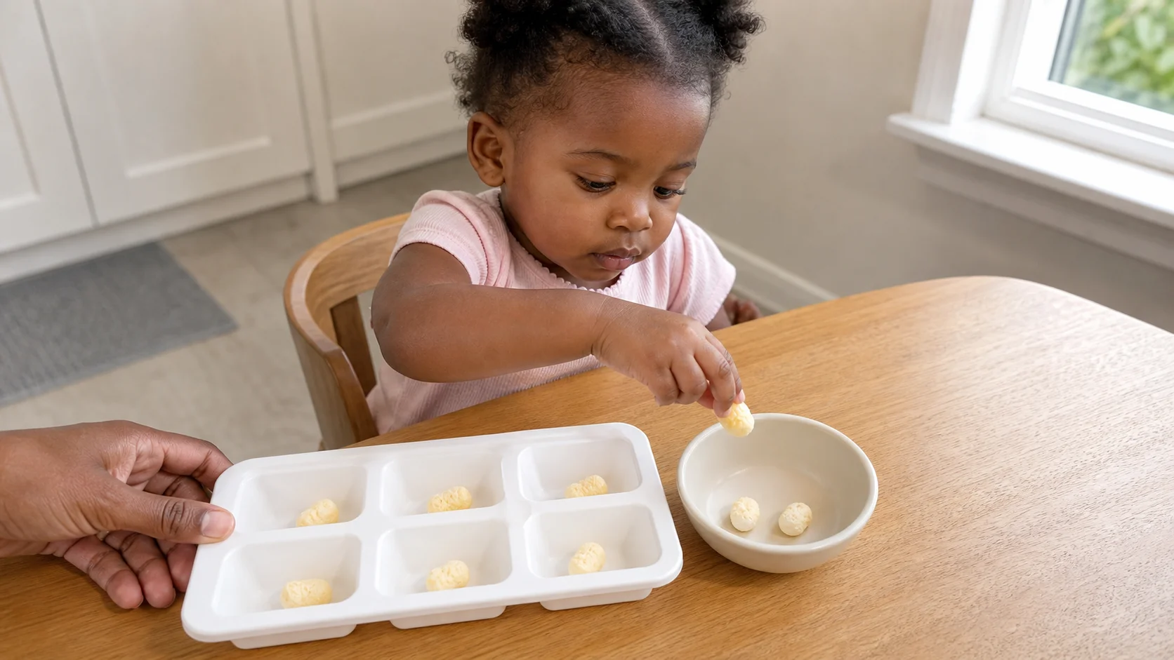 Toddler pinching one snack piece from an ice cube tray and dropping it into a bowl at the table.