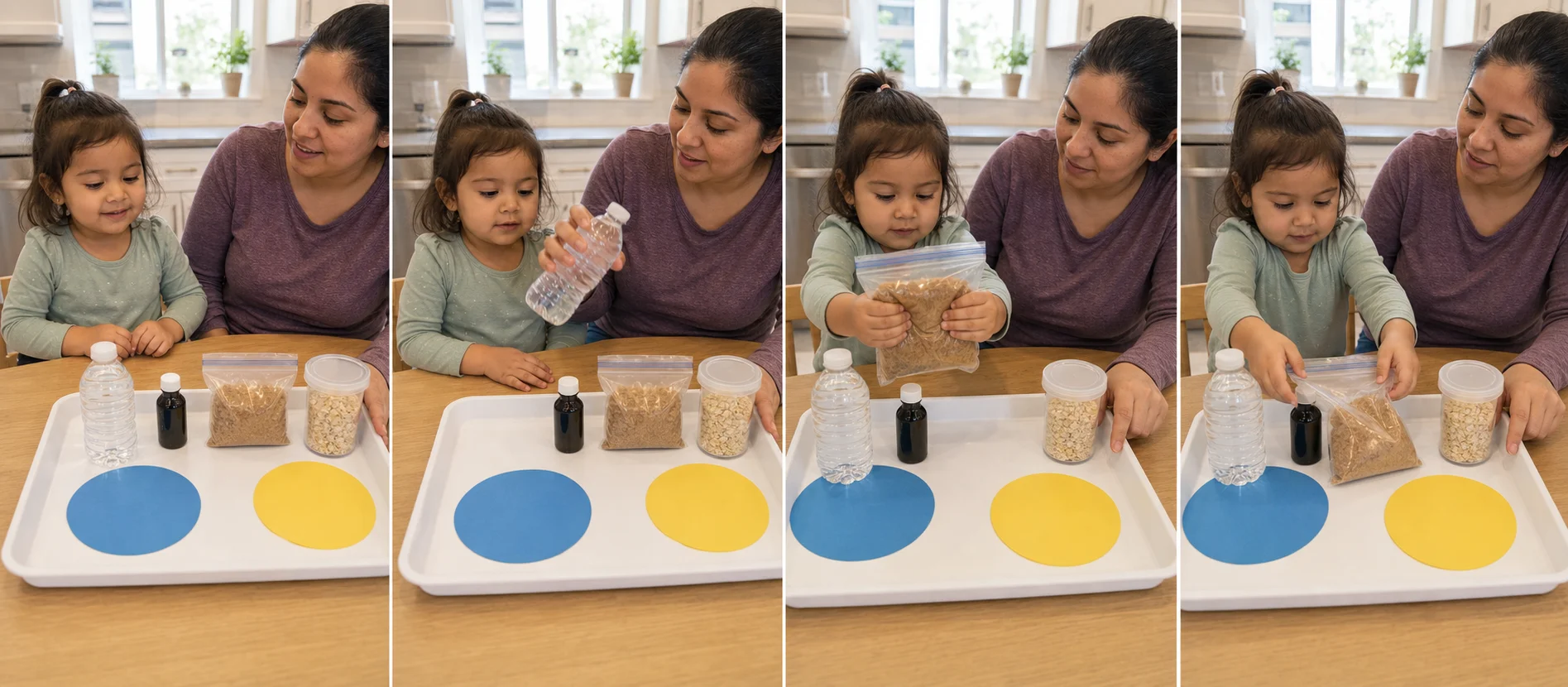 Panels showing a grown-up offering one sealed ingredient, the child testing it, and placing it on a sort spot