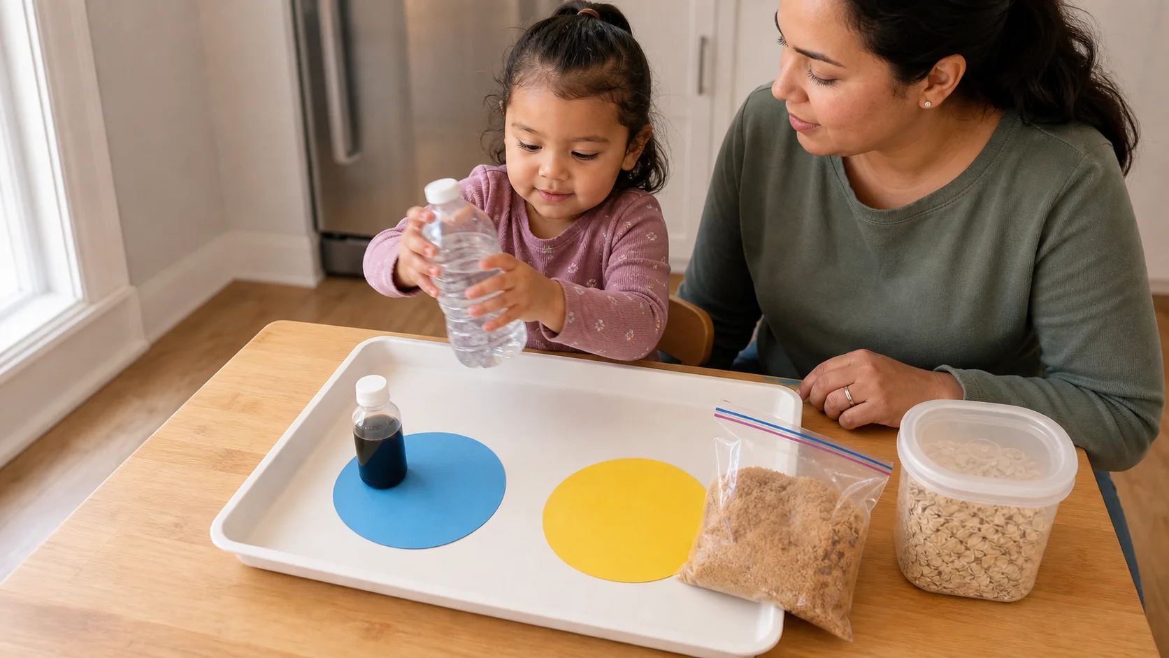 Toddler sorting closed kitchen containers on a tray by shaking and squeezing them