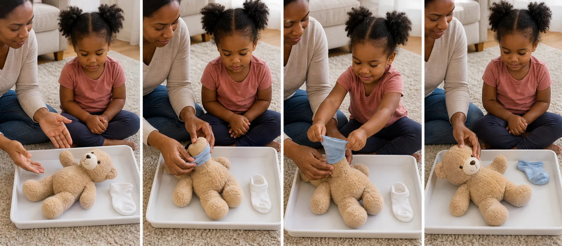 Sequence showing a grown-up modeling sock on teddy, child pulling the sock off, and the sock reset beside the toy