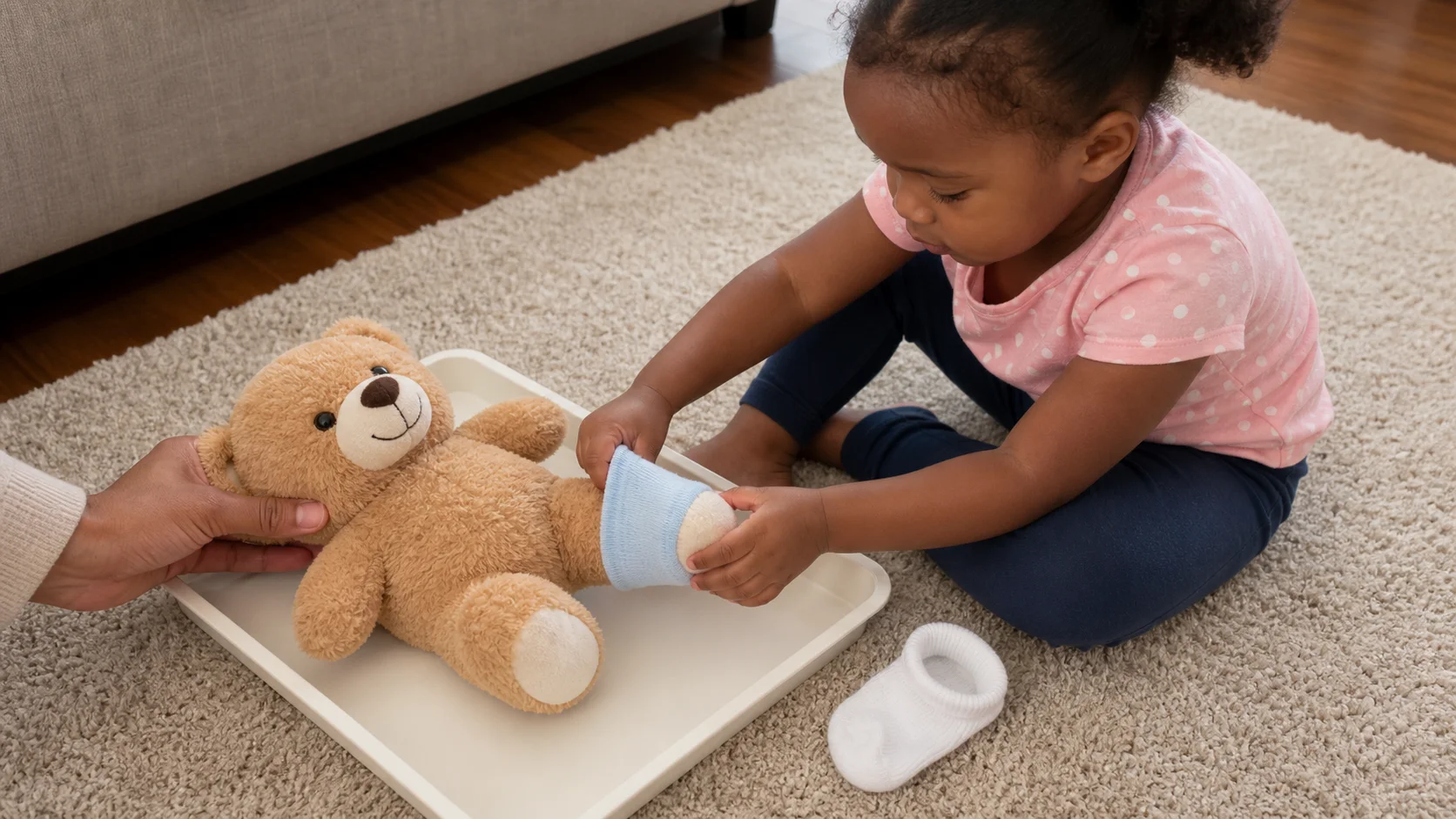Child sliding a soft sock onto a teddy foot while a grown-up holds the toy steady