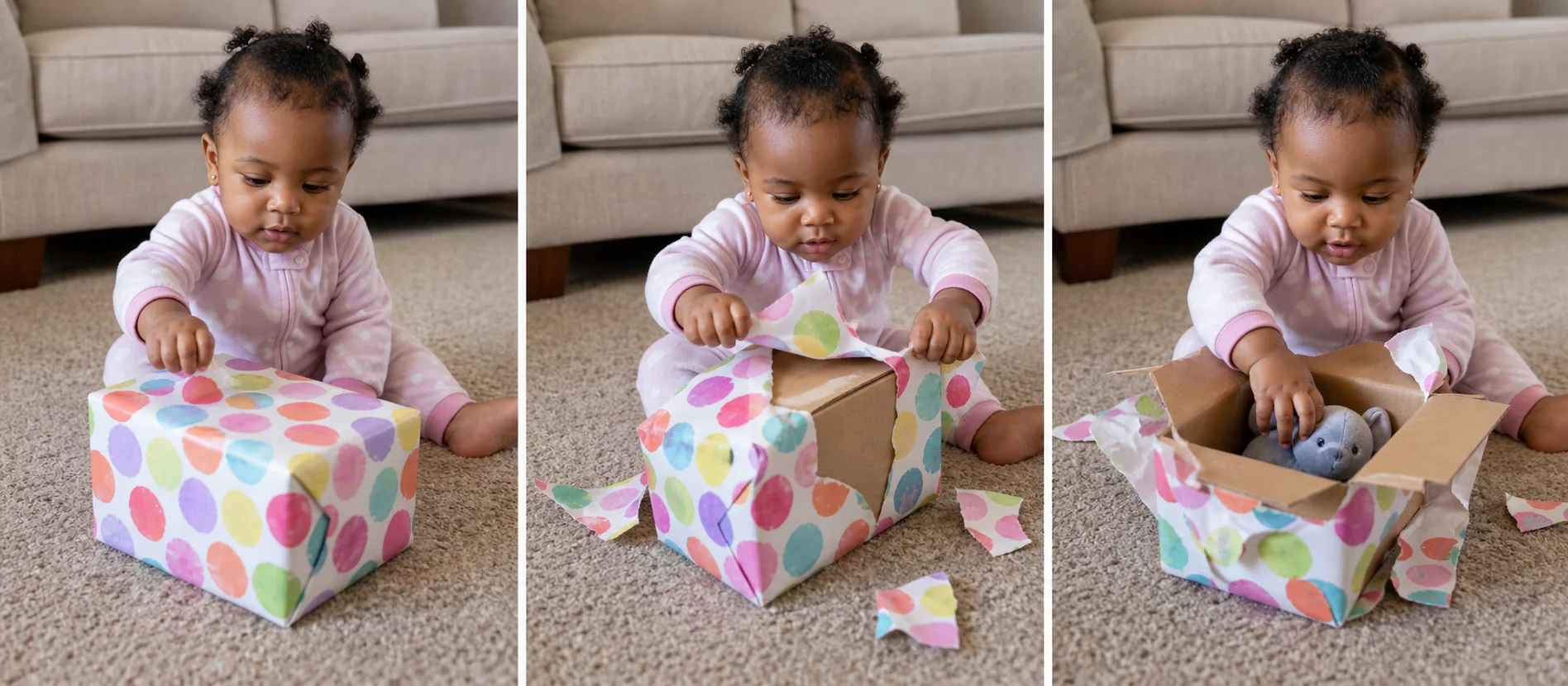 A multi-panel sequence showing a wrapped box, a baby pulling the paper, and the toy revealed inside