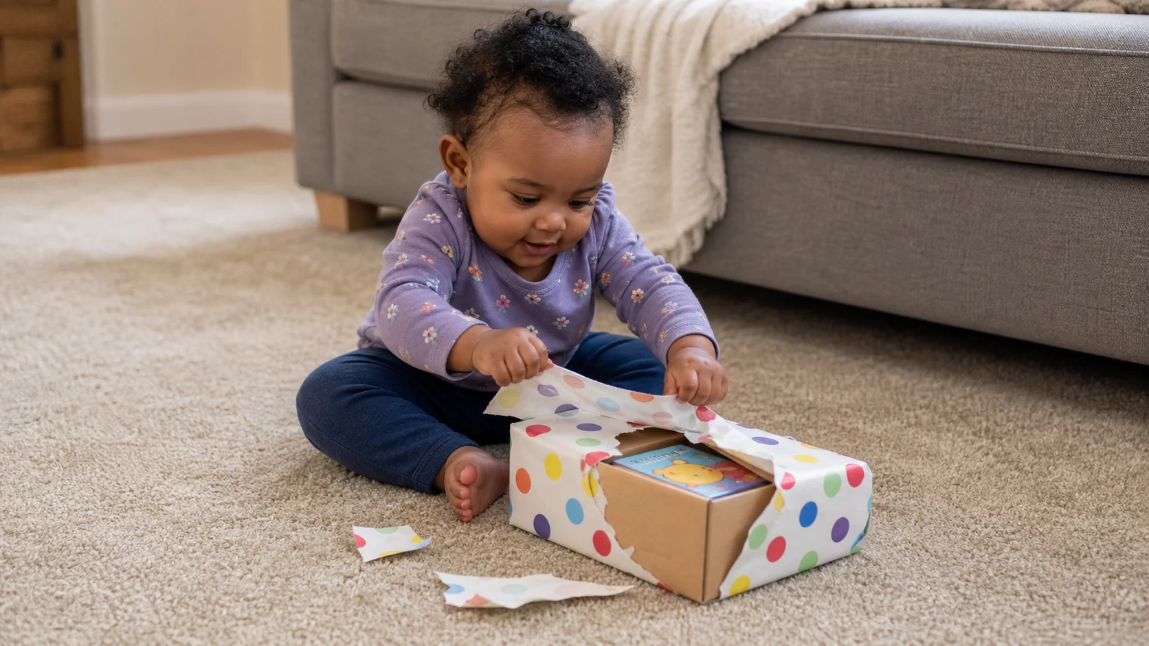 A baby pulling paper off a small wrapped cardboard box to reveal a toy inside
