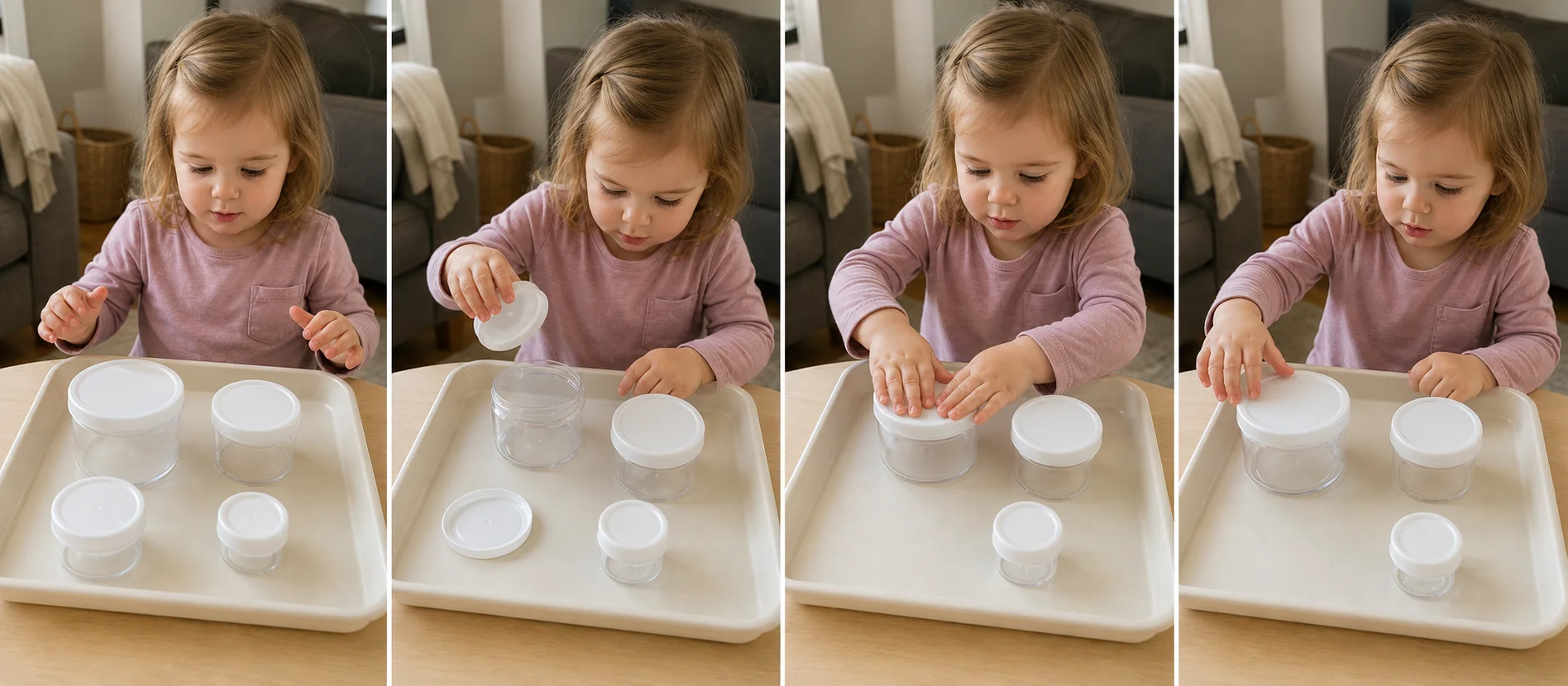 A three-panel sequence shows a toddler opening a jar, testing the lid, and twisting it closed again.