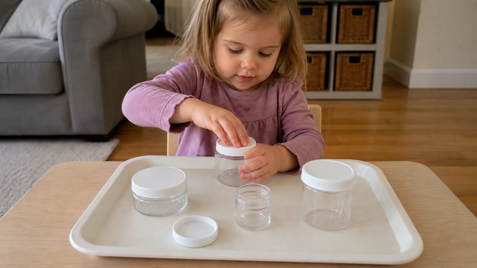 A toddler sits at a low table opening a small jar from a tray of matching lids and containers.