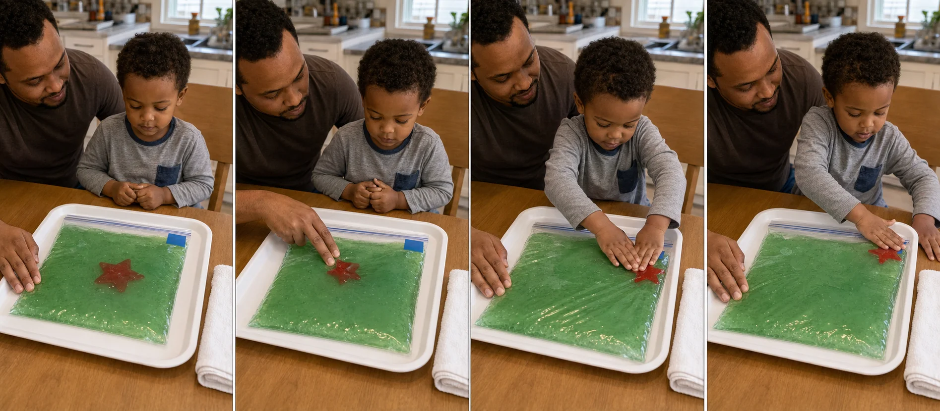 Panels showing a grown-up sealing a jelly bag, a child pressing to find the object, pushing it to a marked corner, and smoothing the bag for another turn.