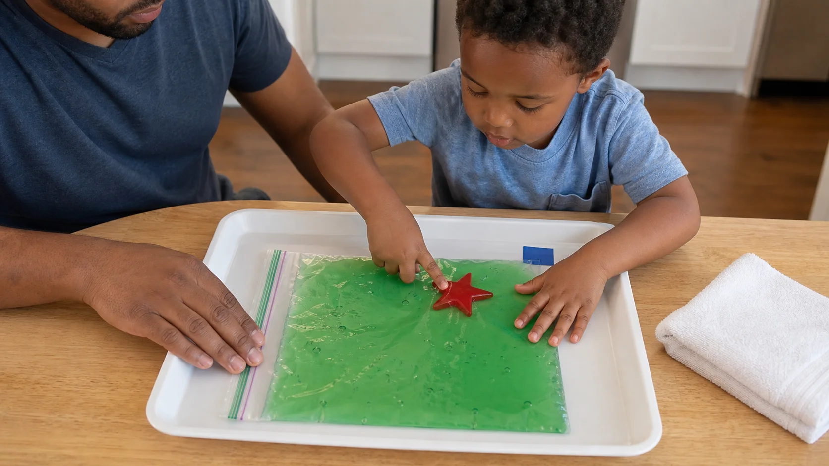 Toddler pressing a sealed clear bag of jelly on a tray to find a large hidden toy.