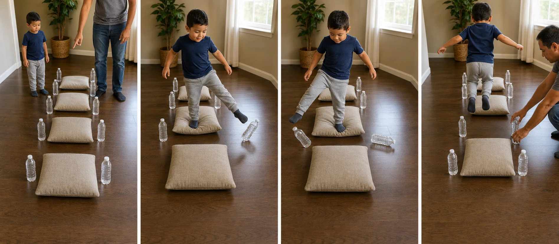 Sequence showing a child landing on a stop, kicking right, kicking left, and jumping to the next pillow.