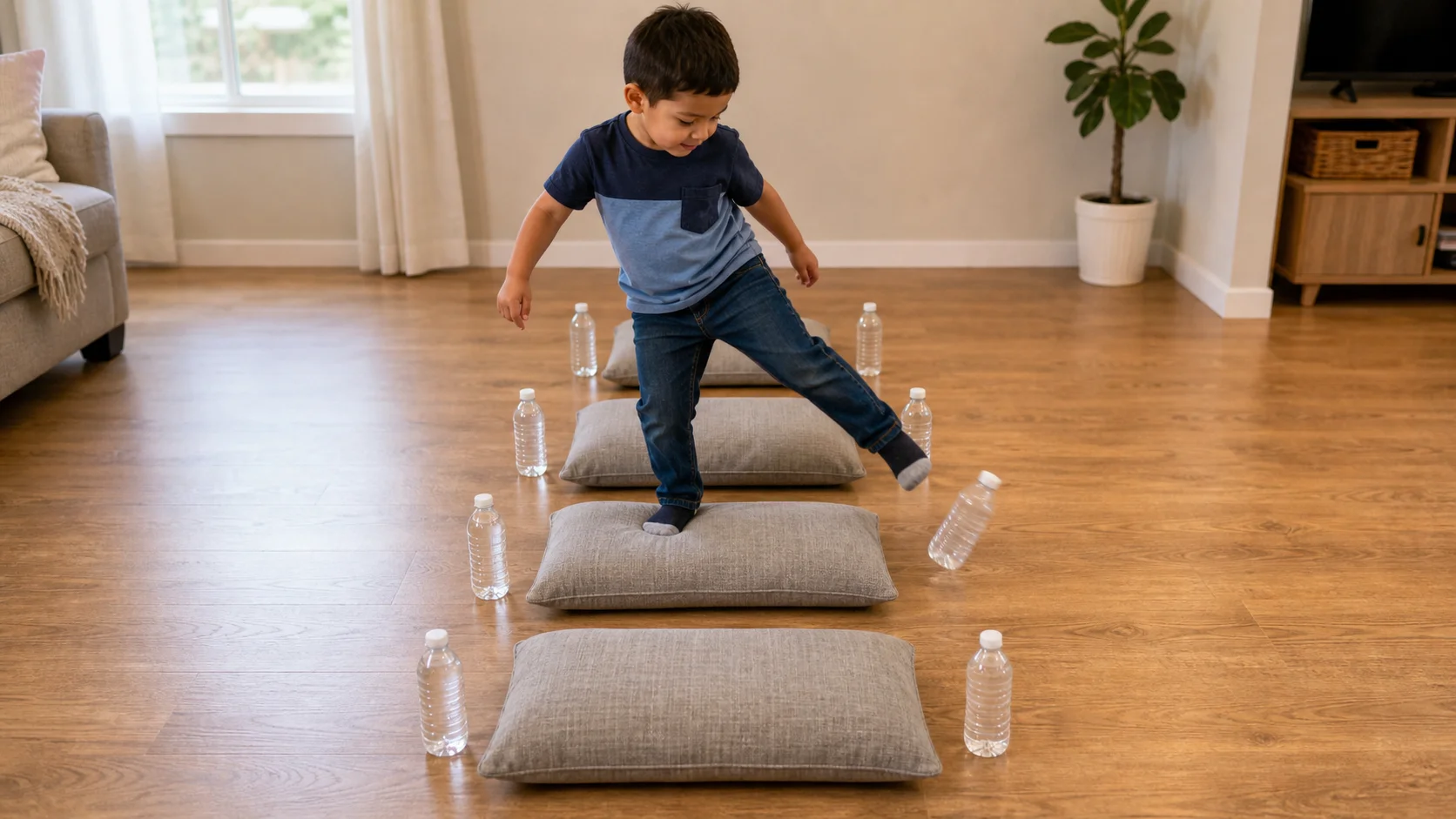 Preschool child landing on a pillow and kicking a light target beside a jump path.