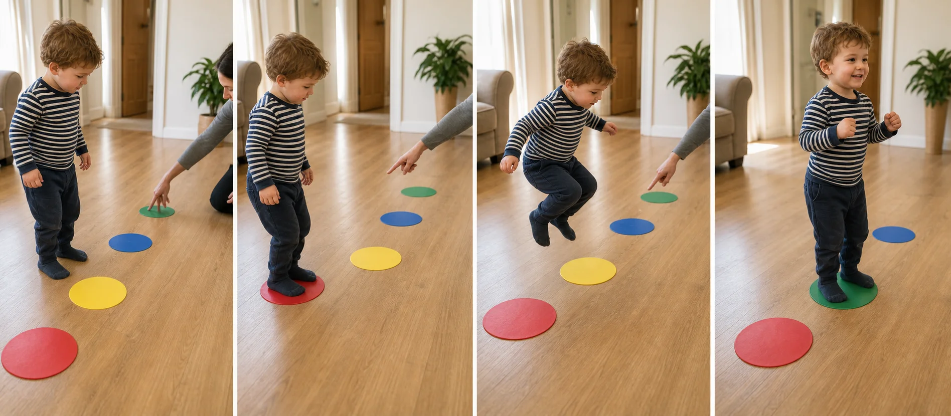 Four panels showing a grown-up laying out floor spots, modeling one jump, a toddler landing on a spot, and the child finishing the short jump path.